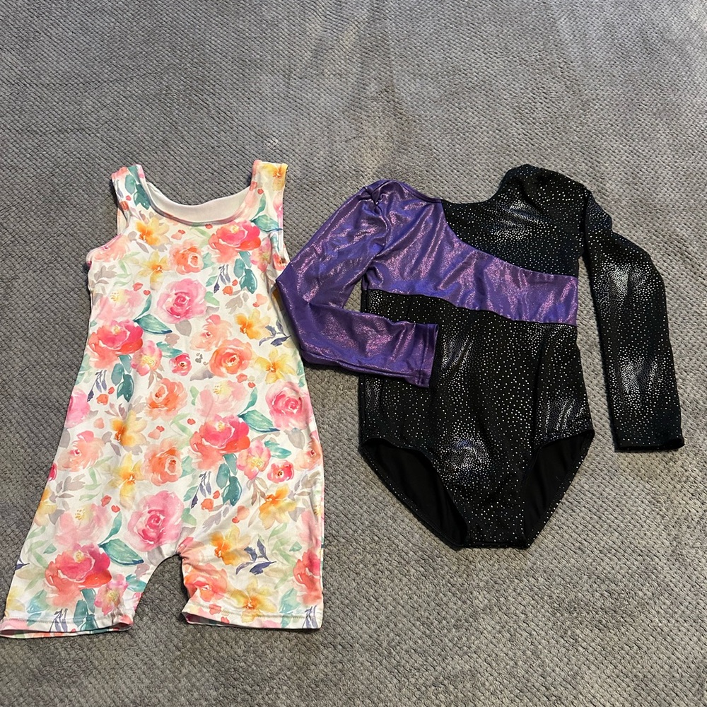 Floral Sleeveless & Black/Purple Sparkle Gymnastics Leotard